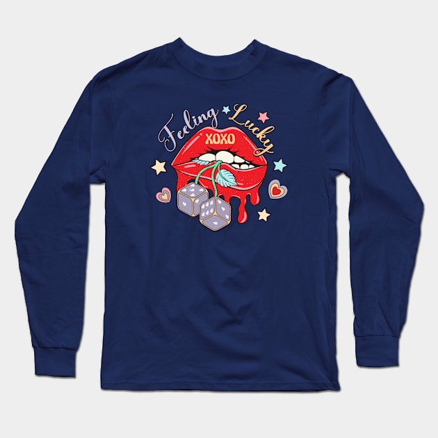 Feeling Lucky XOXO Red Lips Happy Valentines Day Long Sleeve T-Shirt by Pop Cult Store